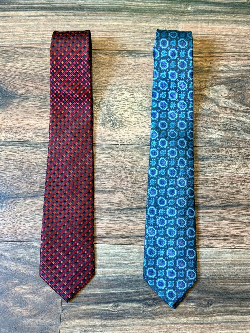 Lot of 2 BriO Men's Neckties - Blue Medallion & Red Micro-Geometric